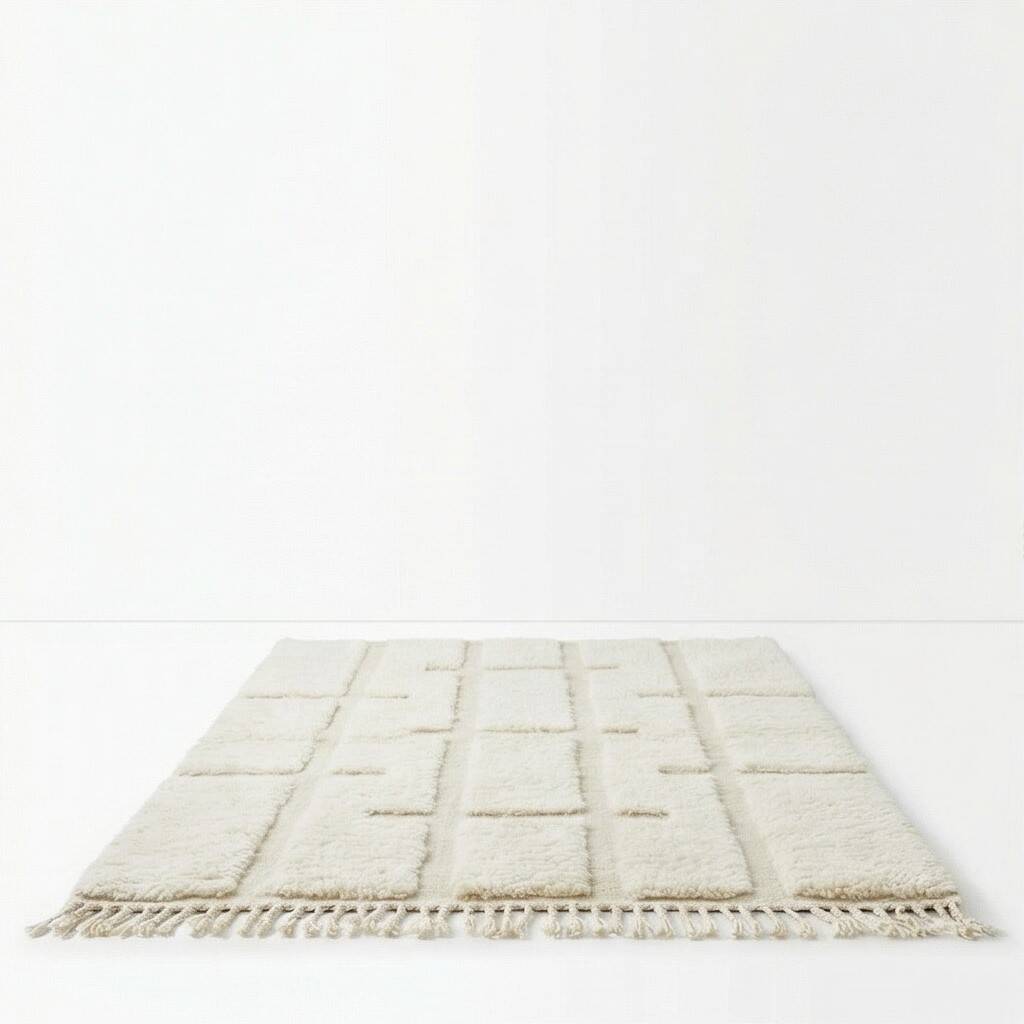 Berber rug with a white graphic pattern.