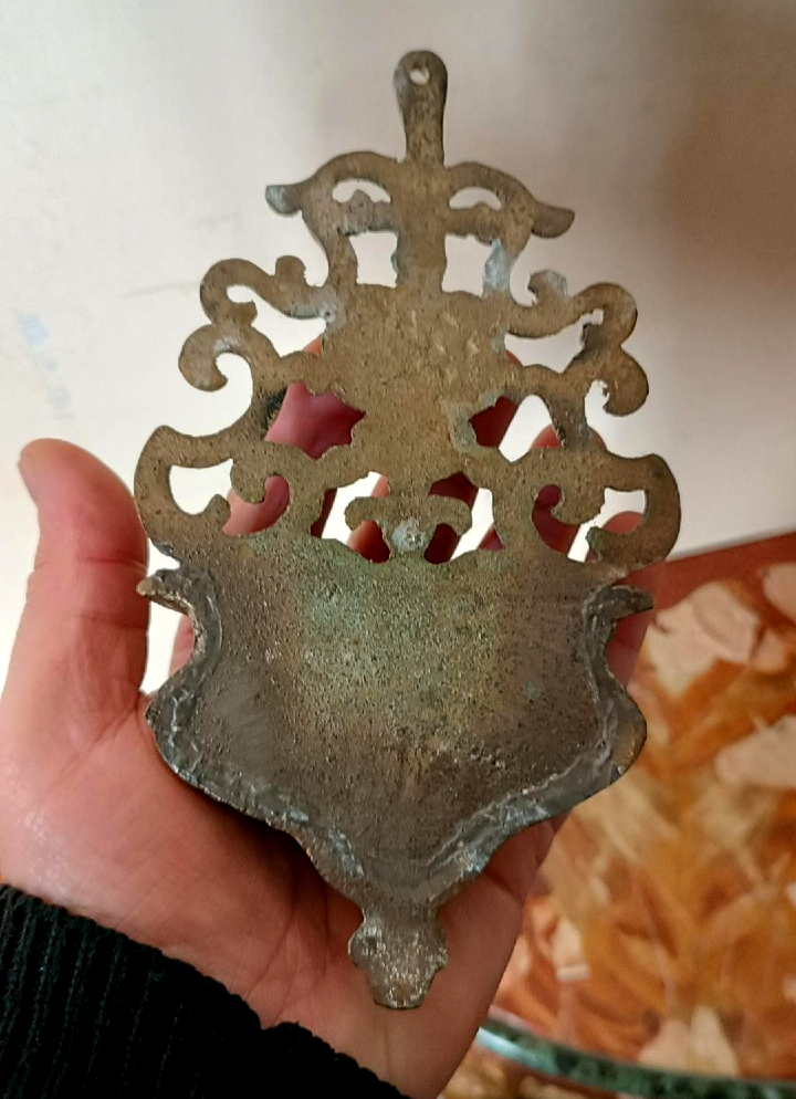 19th century antique holy water font brass bronze IHS