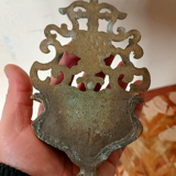 19th century antique holy water font brass bronze IHS