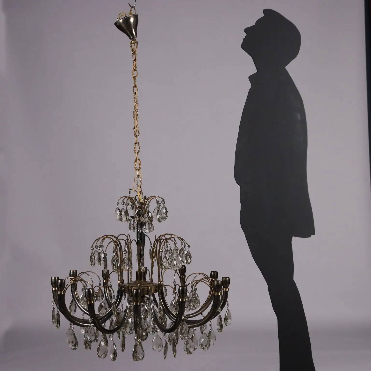 Antique brass and crystal chandelier, Italy, 1930s-40s.
