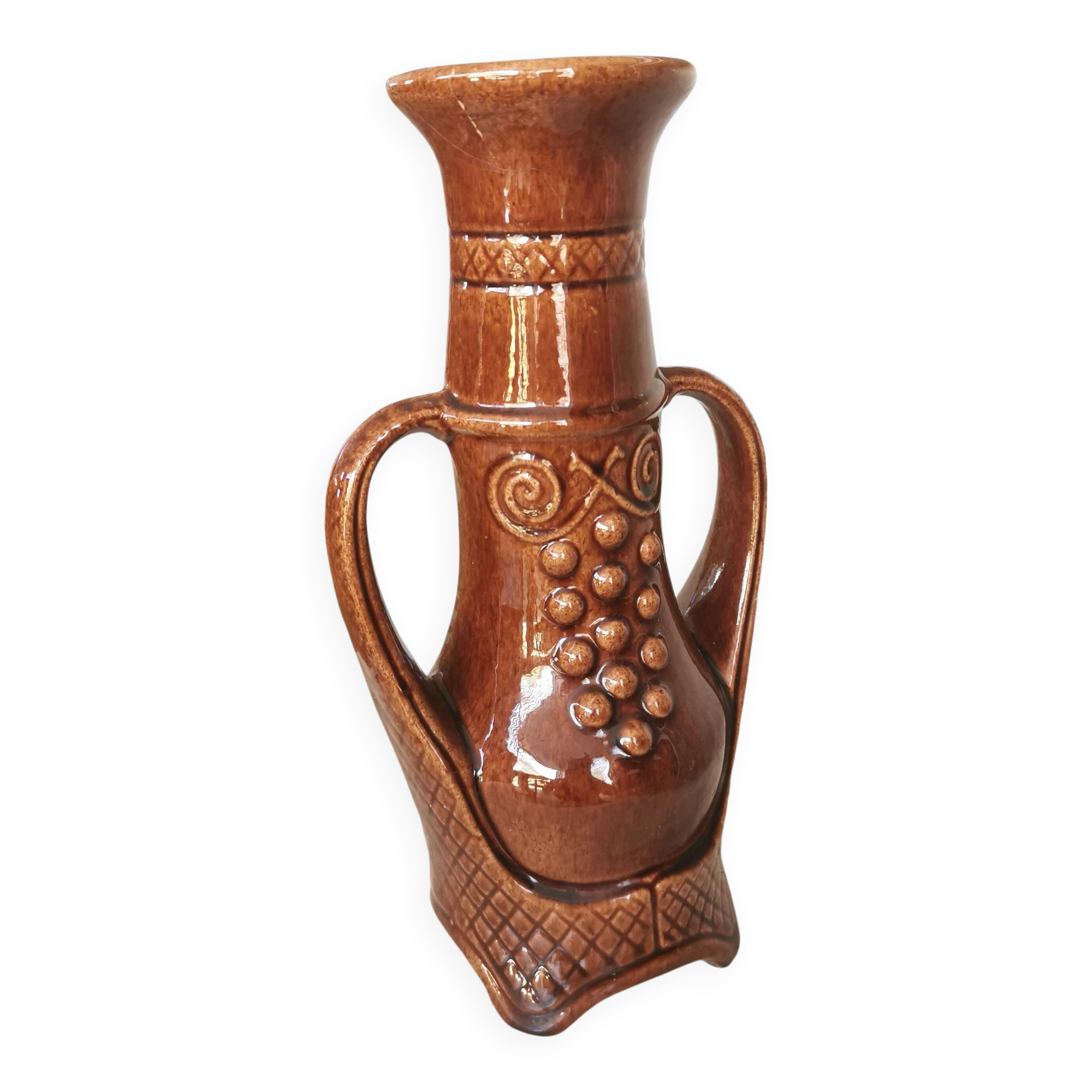 Vintage Amphora Vase: Large Brown Glazed Pottery with Grape Motif