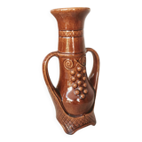 Vintage Amphora Vase: Large Brown Glazed Pottery with Grape Motif