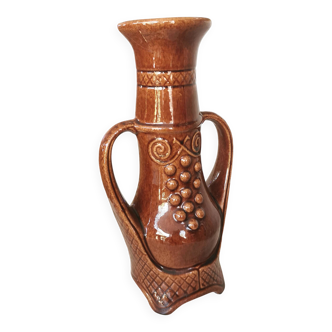 Vase amphore vintage : Grand vase en faïence brune émaillée à motif de raisin