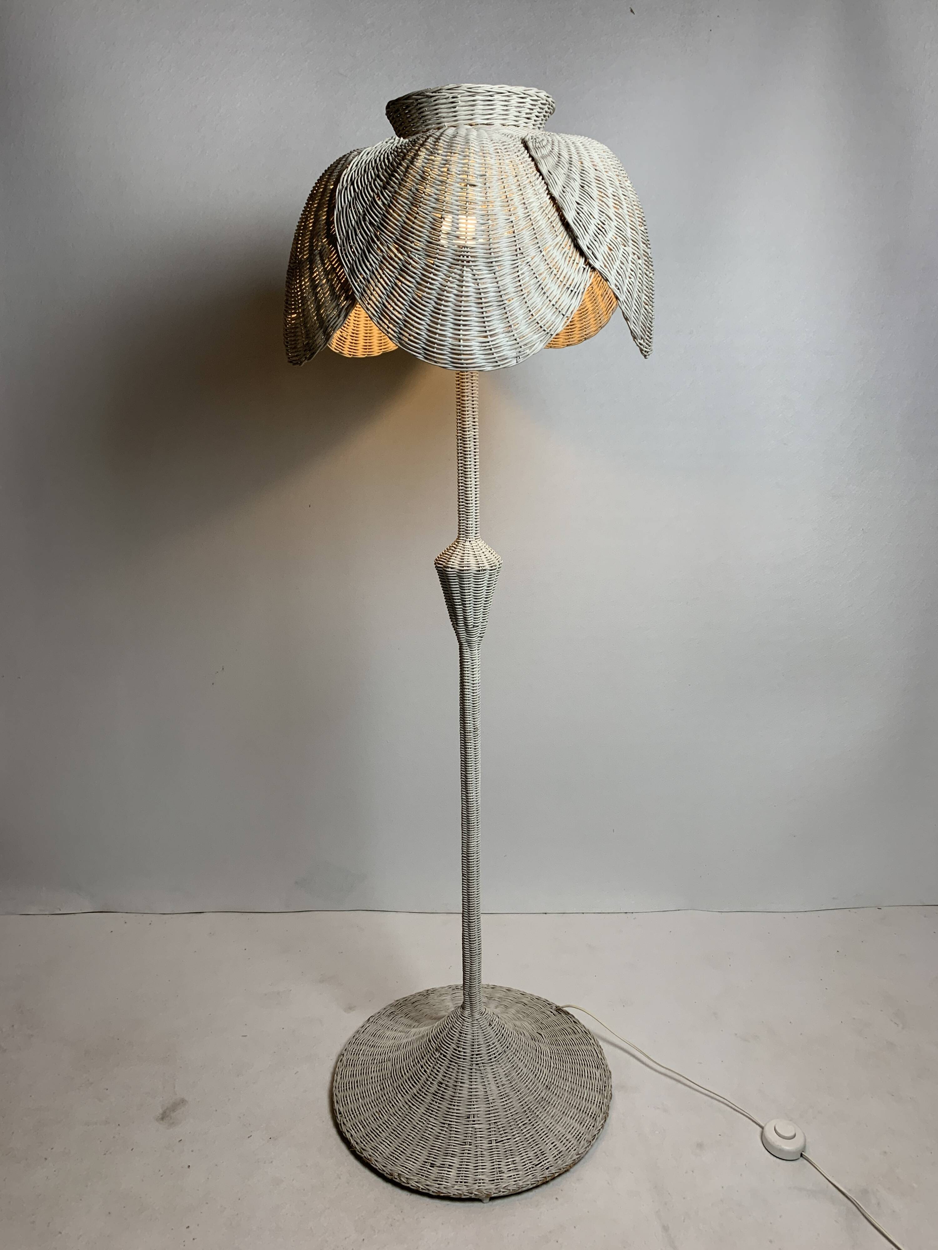 Mid-century French rattan wicker boho floor lamp, 1950s-1960s