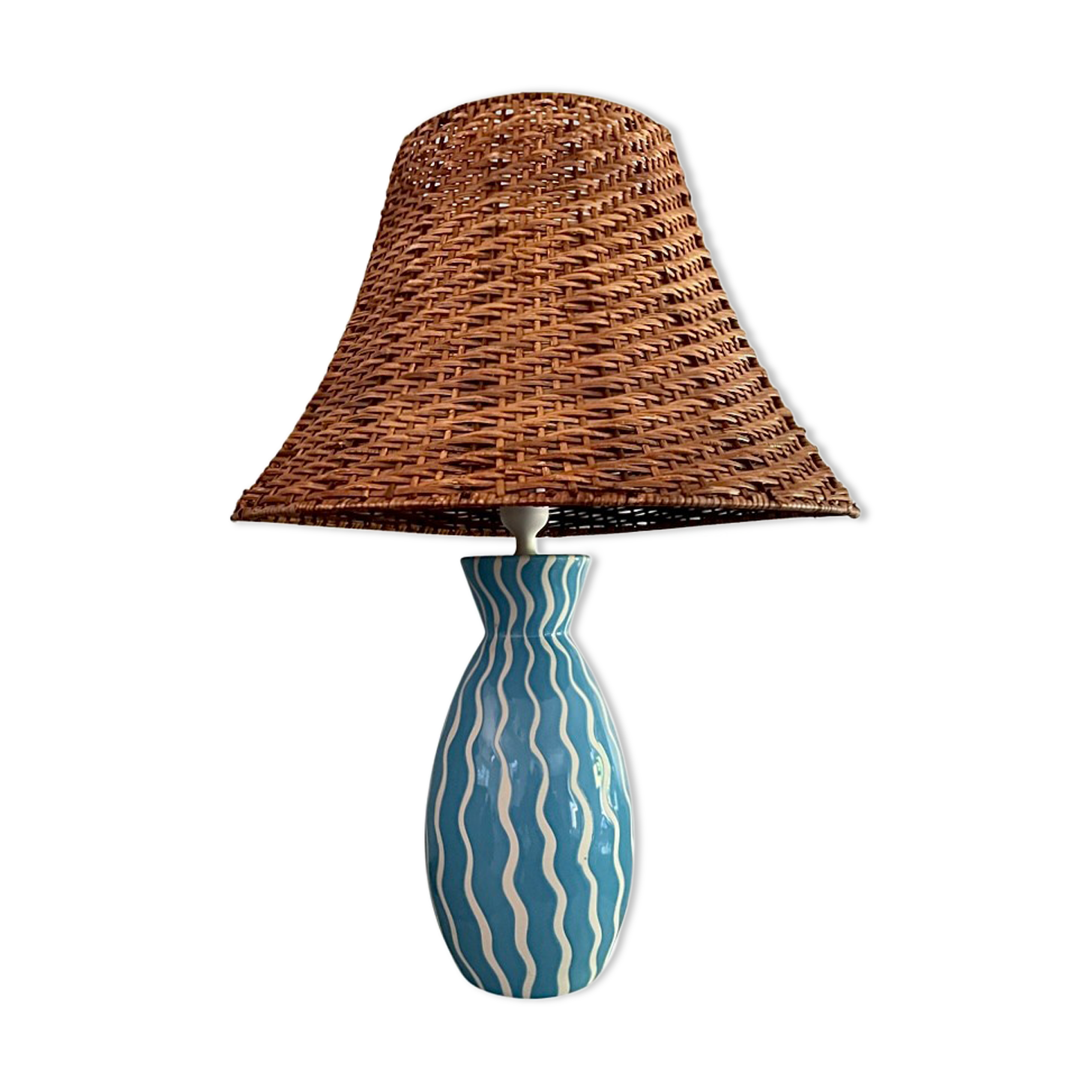 Blue ceramic lamp and rattan