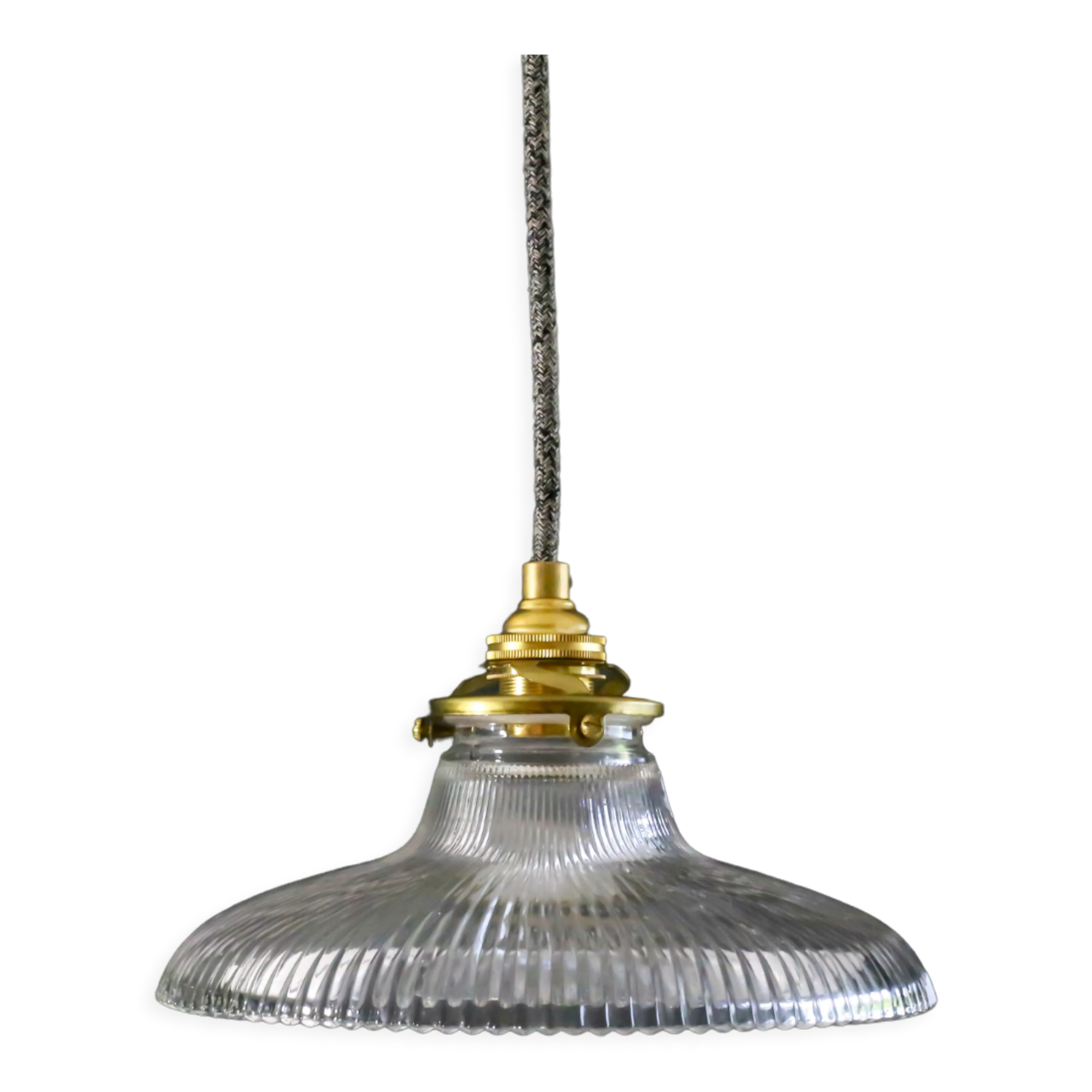 Suspension holophane en verre translucide livrée avec douille laiton et câble neuf