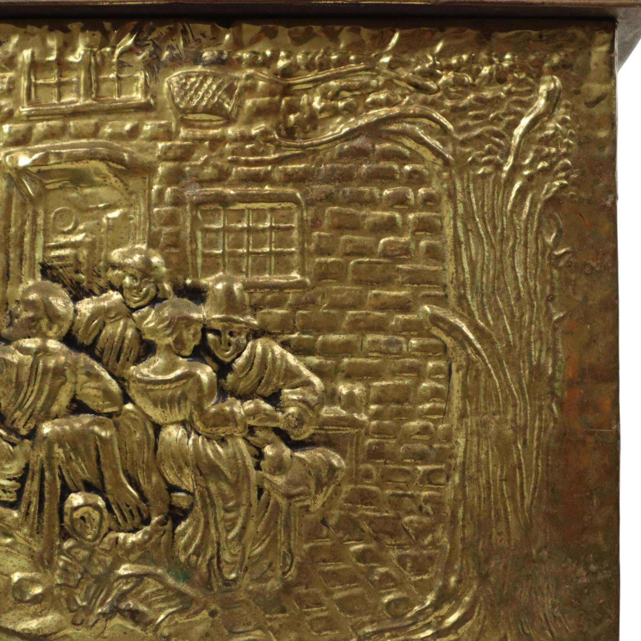 Large Repoussé Chest Coal Fireplace Brass Wood Early 20th Century