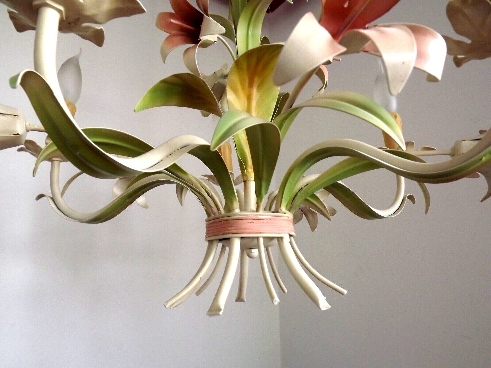 Vintage french 5 arm tied bouquet toleware chandelier pink lily flowers 4264