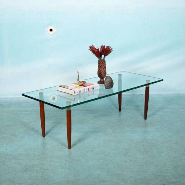 Table basse vintage verre teck laiton, table basse midmod