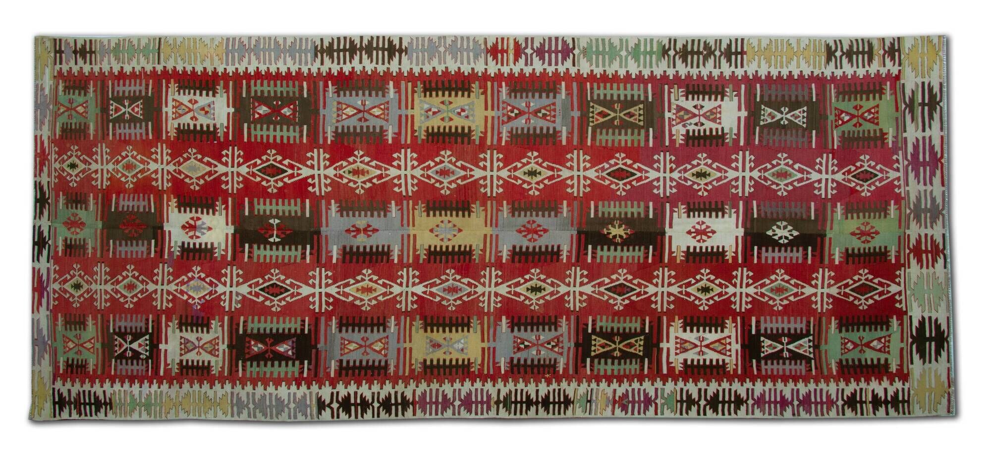Turkish Kilim Runner 1890s, Handmade Wool Tribal Geometric Rug 390x163cm