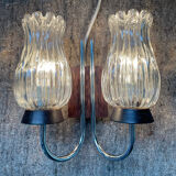Vintage double light wall lamp in teak and molded glass