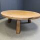 Large tripod round wooden brutalist coffee table, 1960s