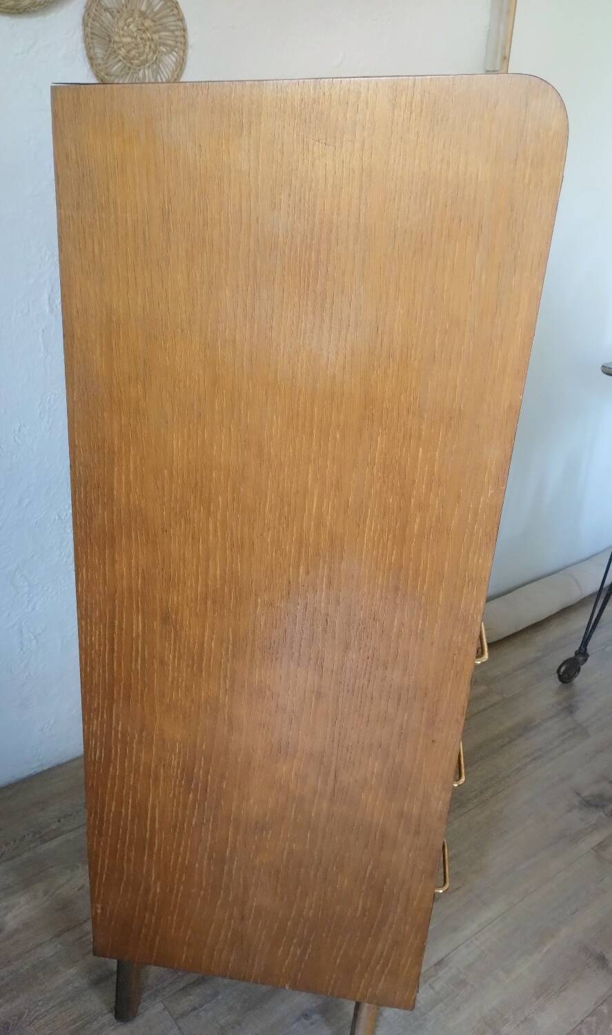 Vintage 1950s secretary desk with compass legs and gilded oak