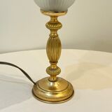 Vintage French Empire table lamp in gilded brass, opaline, pleated tulip, Belle Époque