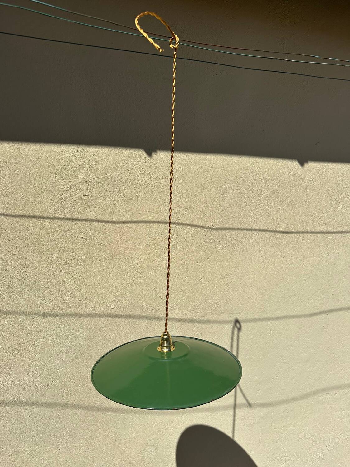 Vintage suspension industrial lampshade in green and white enamel XL