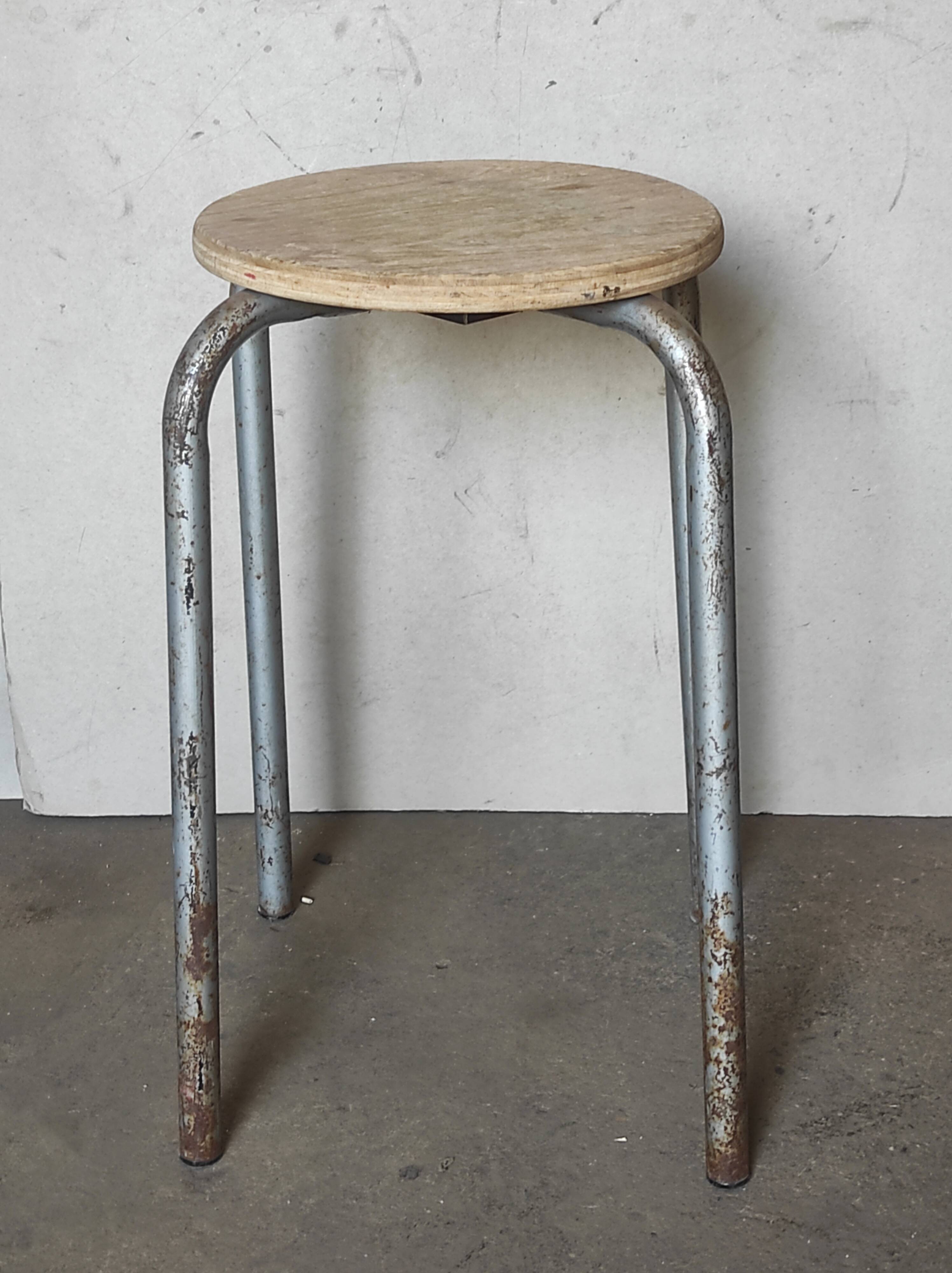 Metal workshop stool and wood seat