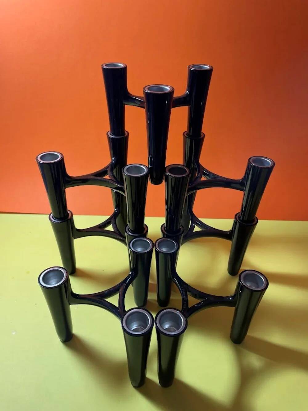 Set of 7 black candle holders designed by Koziol Hommage 2005 Germany