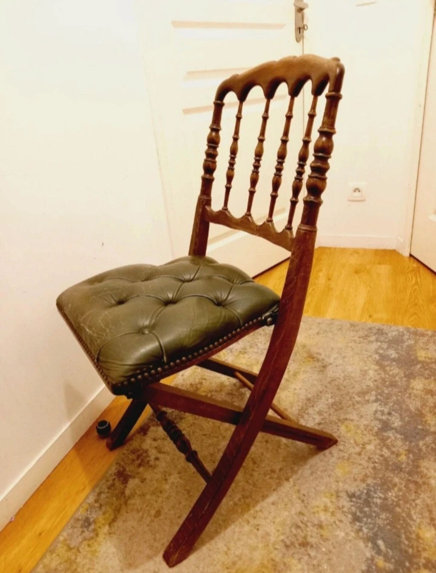 English folding chair - Vintage in wood and leather