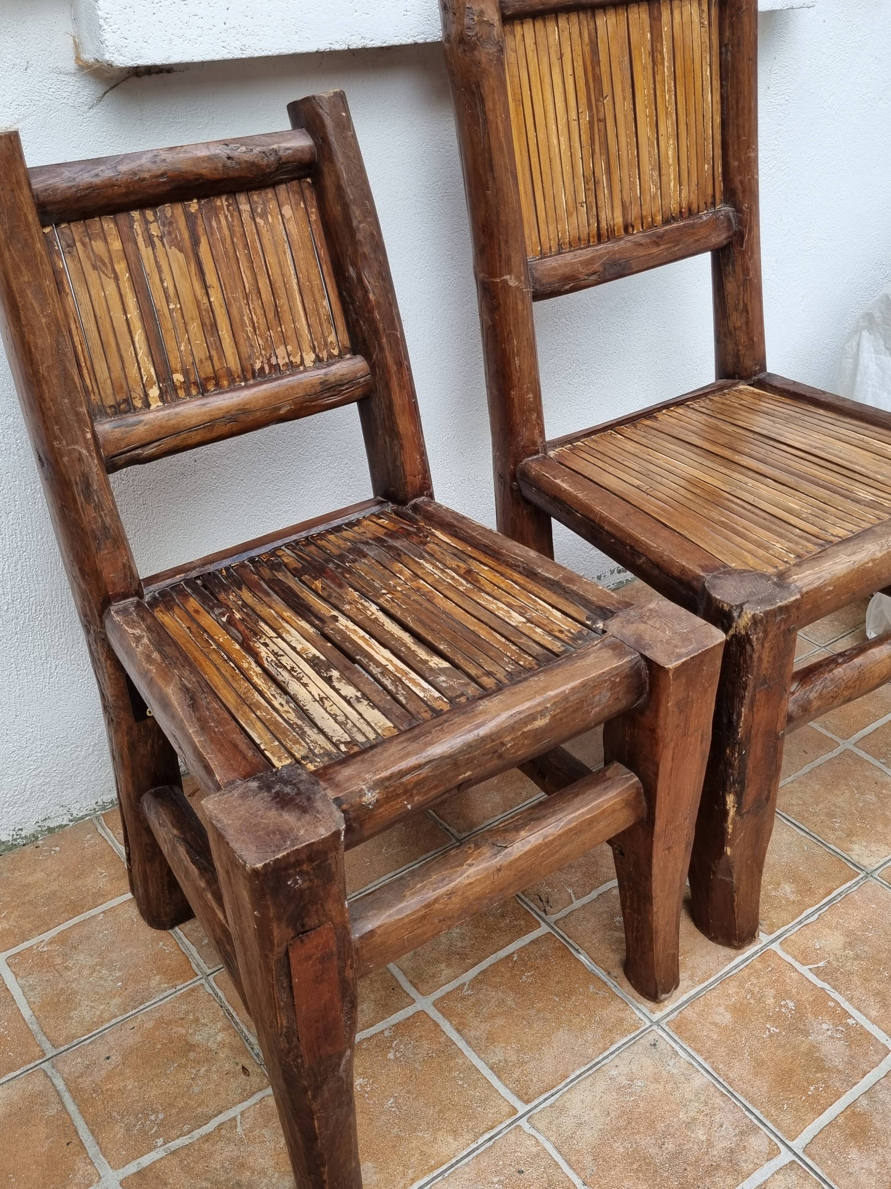 Pair of solid wood and bamboo chairs, brutalist style, 90 cm