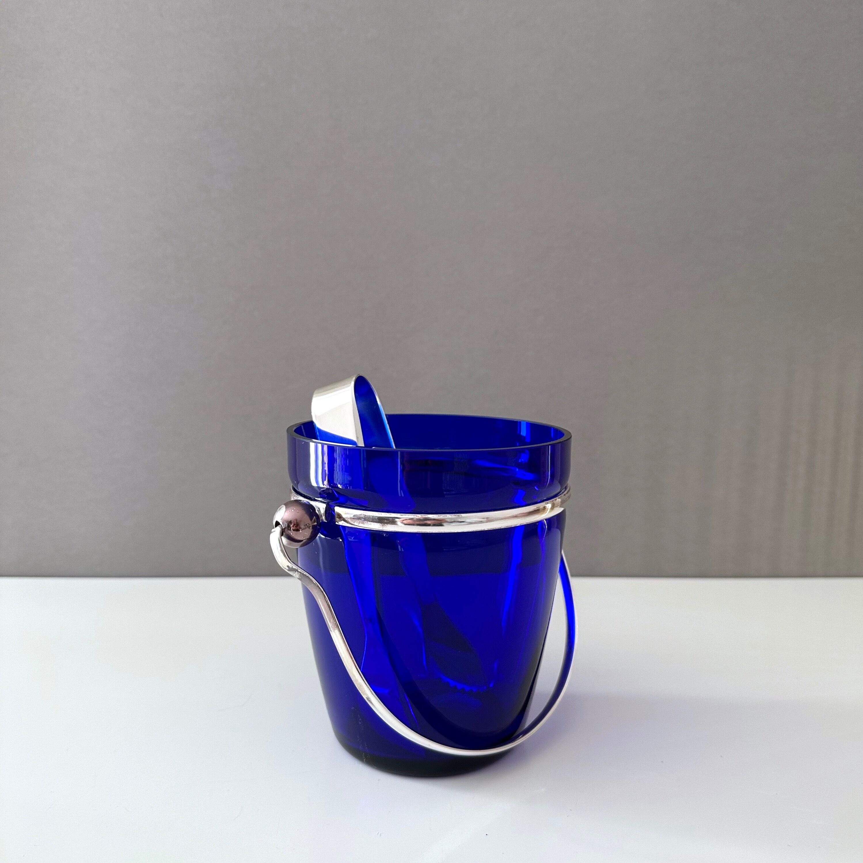 Ice bucket blue, ice cooler silver plated, mid century bareware