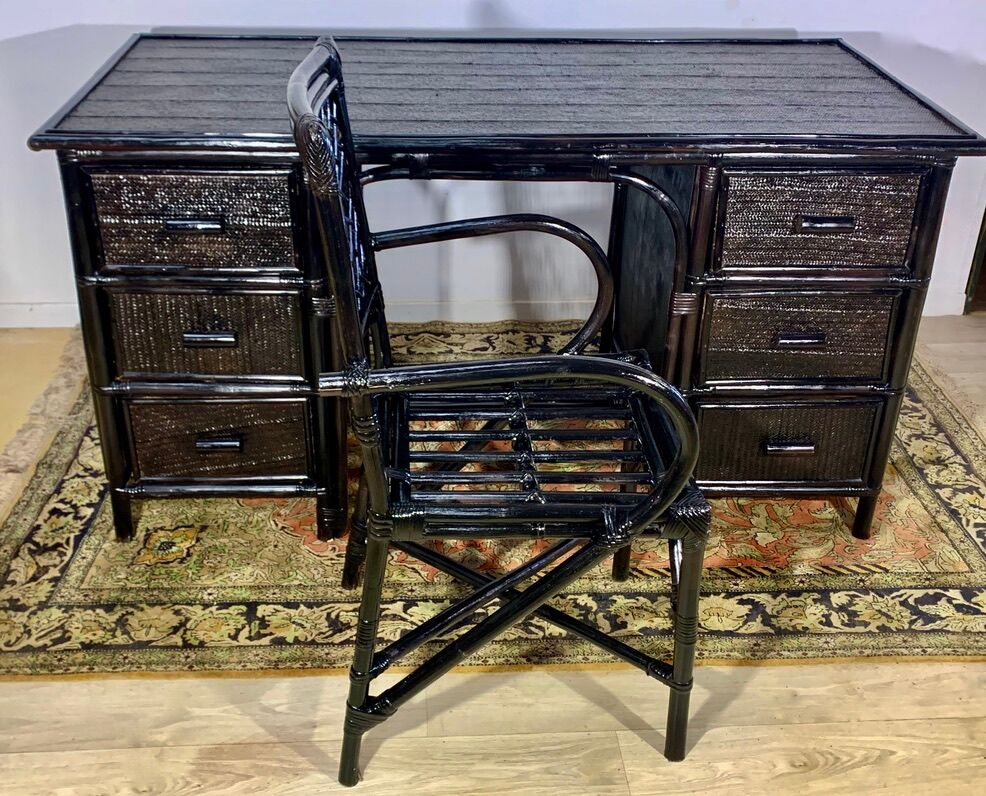Desk and office chair in bamboo and black lacquered rattan, 60s, 70s