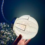 Vintage art deco globe pendant light in white and silver Clichy glass