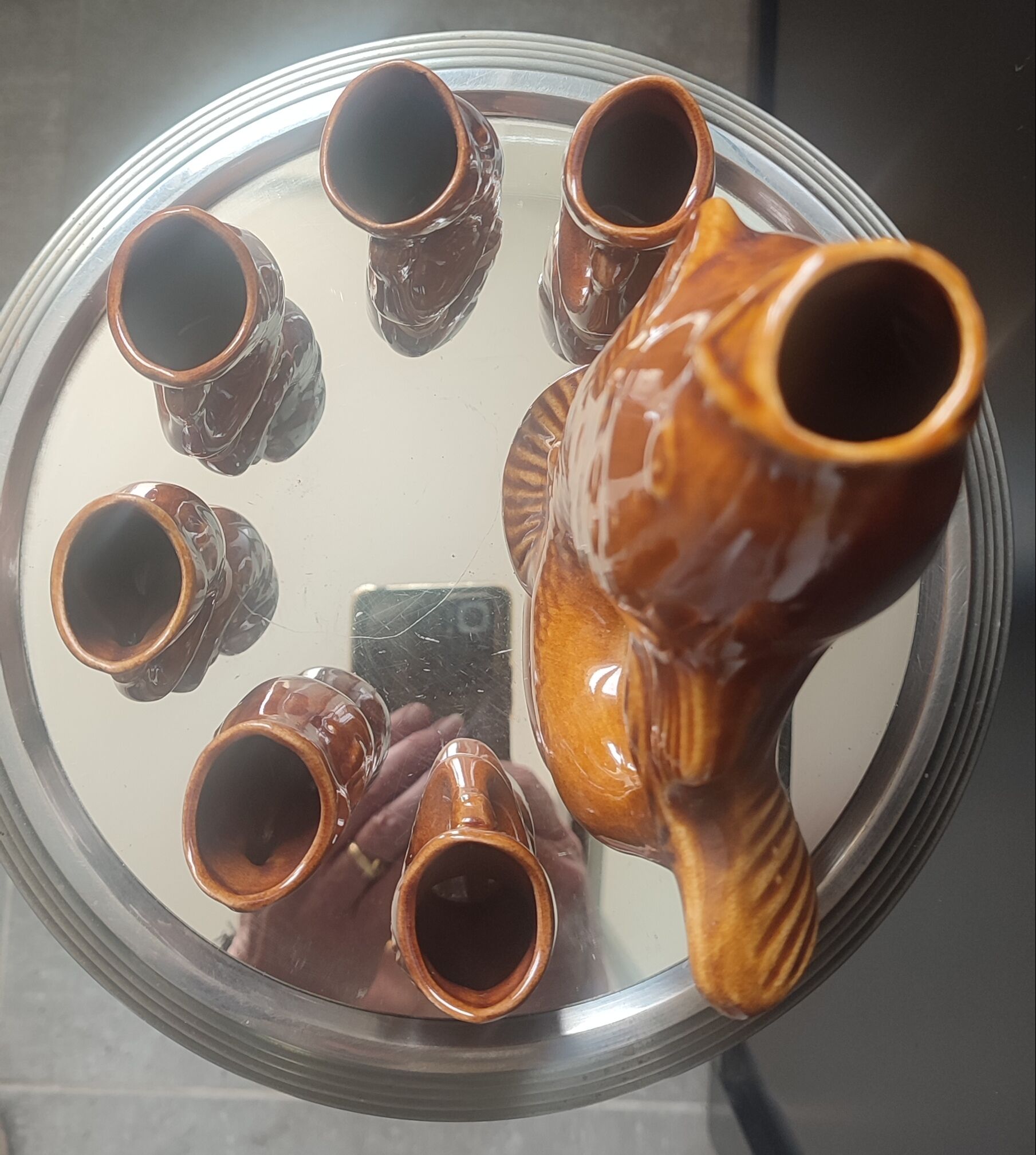 Carafe and glasses "Fish" Amber Ceramic Vintage USSR era
