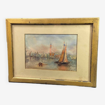 Aquarelle XIXe signée M.L. représentant une vue de Venise d'après Paul Marny