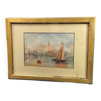 19th century watercolor signed ML representing a view of Venice after Paul Marny