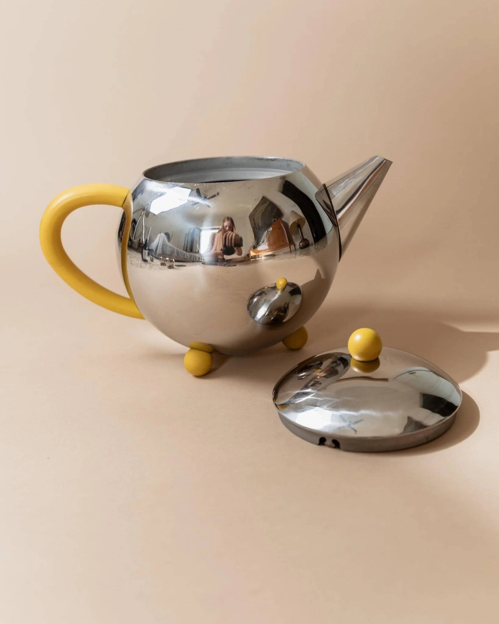 Space Age Vintage 1980s Stainless Steel Tea and Coffee Set with Yellow Accents Teapot Creamer and Sugar Bowl