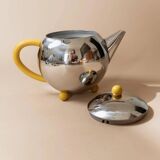 Space Age Vintage 1980s Stainless Steel Tea and Coffee Set with Yellow Accents Teapot Creamer and Sugar Bowl
