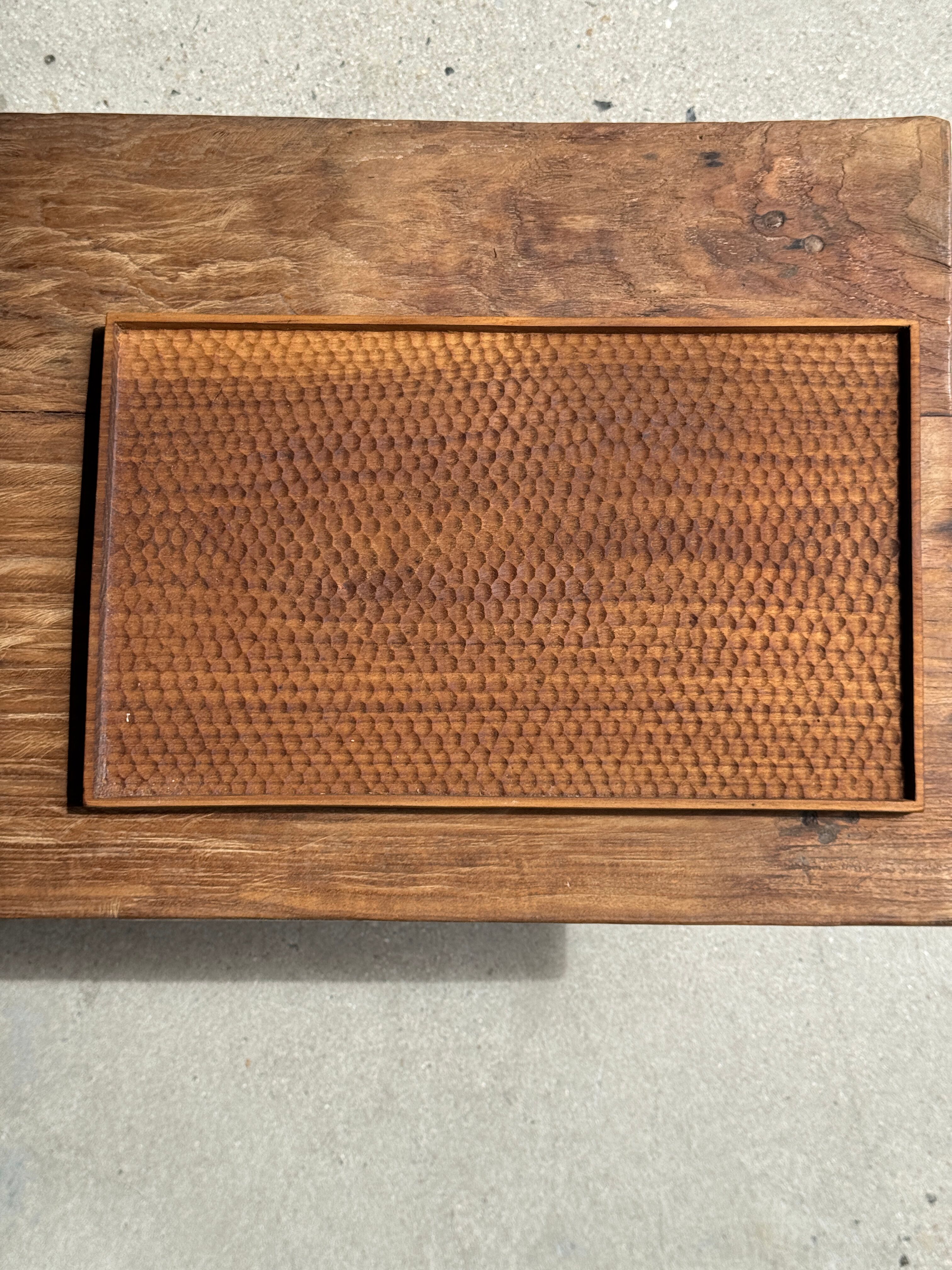 Rectangular solid teak tray with carved edges 40x25