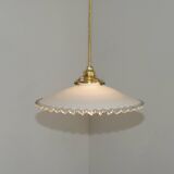 Vintage French White Opaline Glass Pendant Light Clear Glass Edge 5407