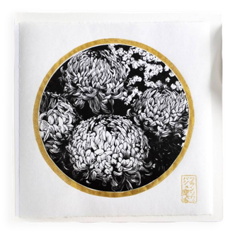 Linogravure artisanale Chrysanthèmes Japonais