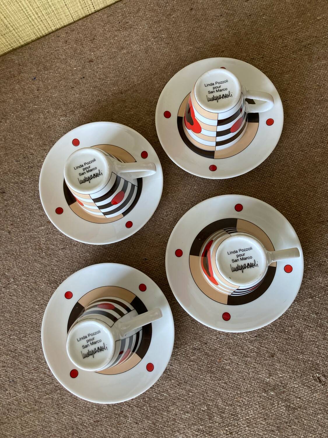 4 cups and saucers, San Marco coffee, Linda Pozzoli decor