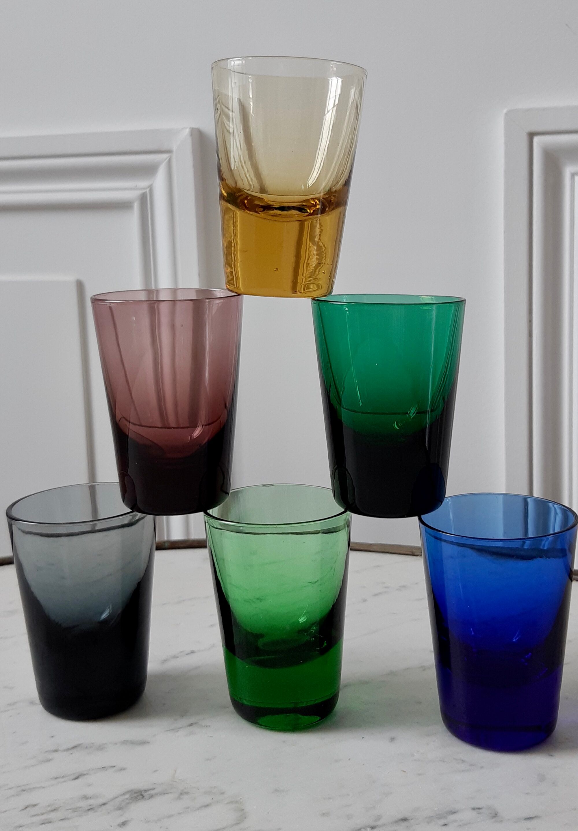 Set of 6 colored digestive glasses with thick bottoms 70s