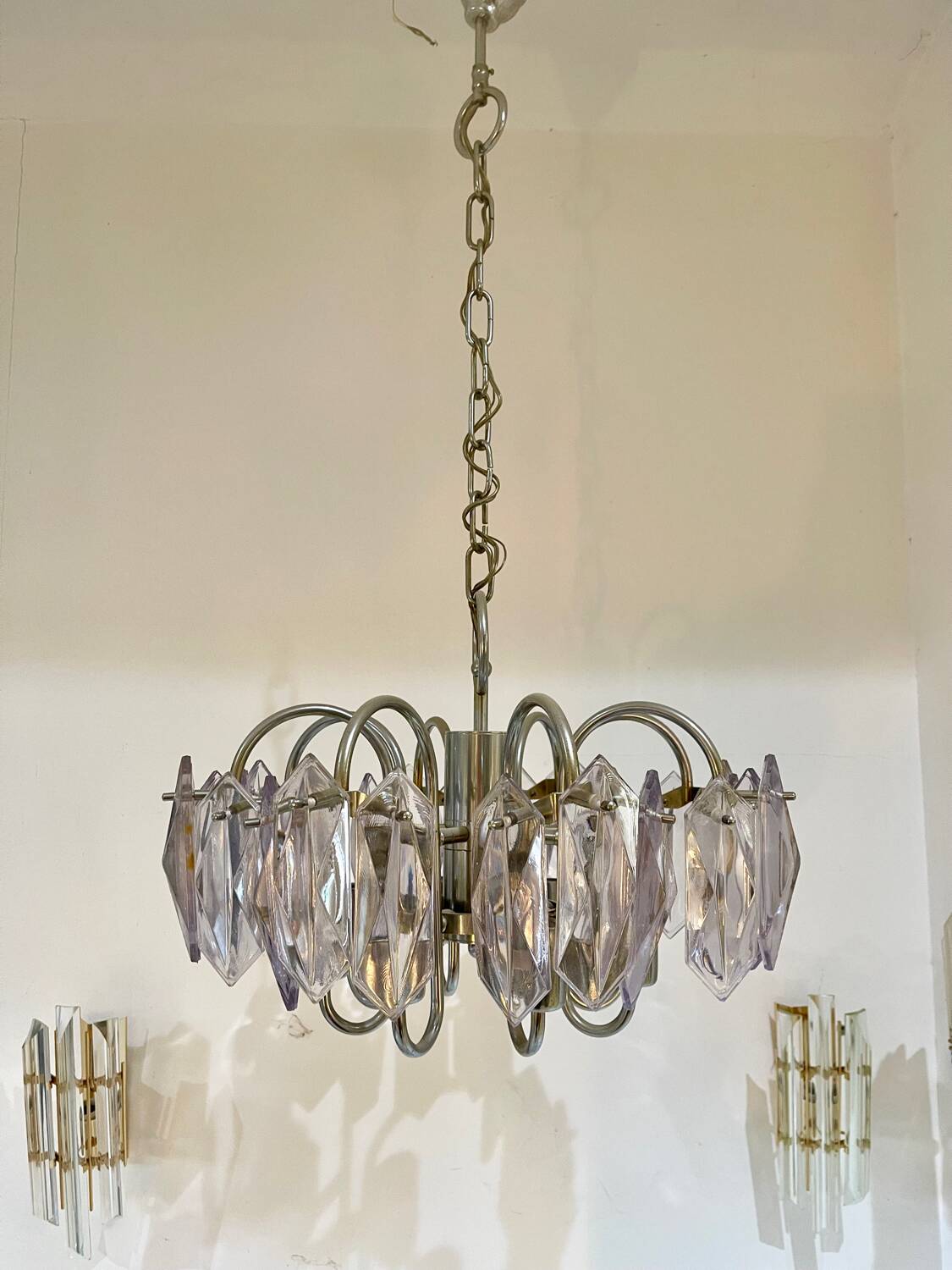 Kinkeldey chandelier with iridescent glass and chrome structure, Austria 1970s