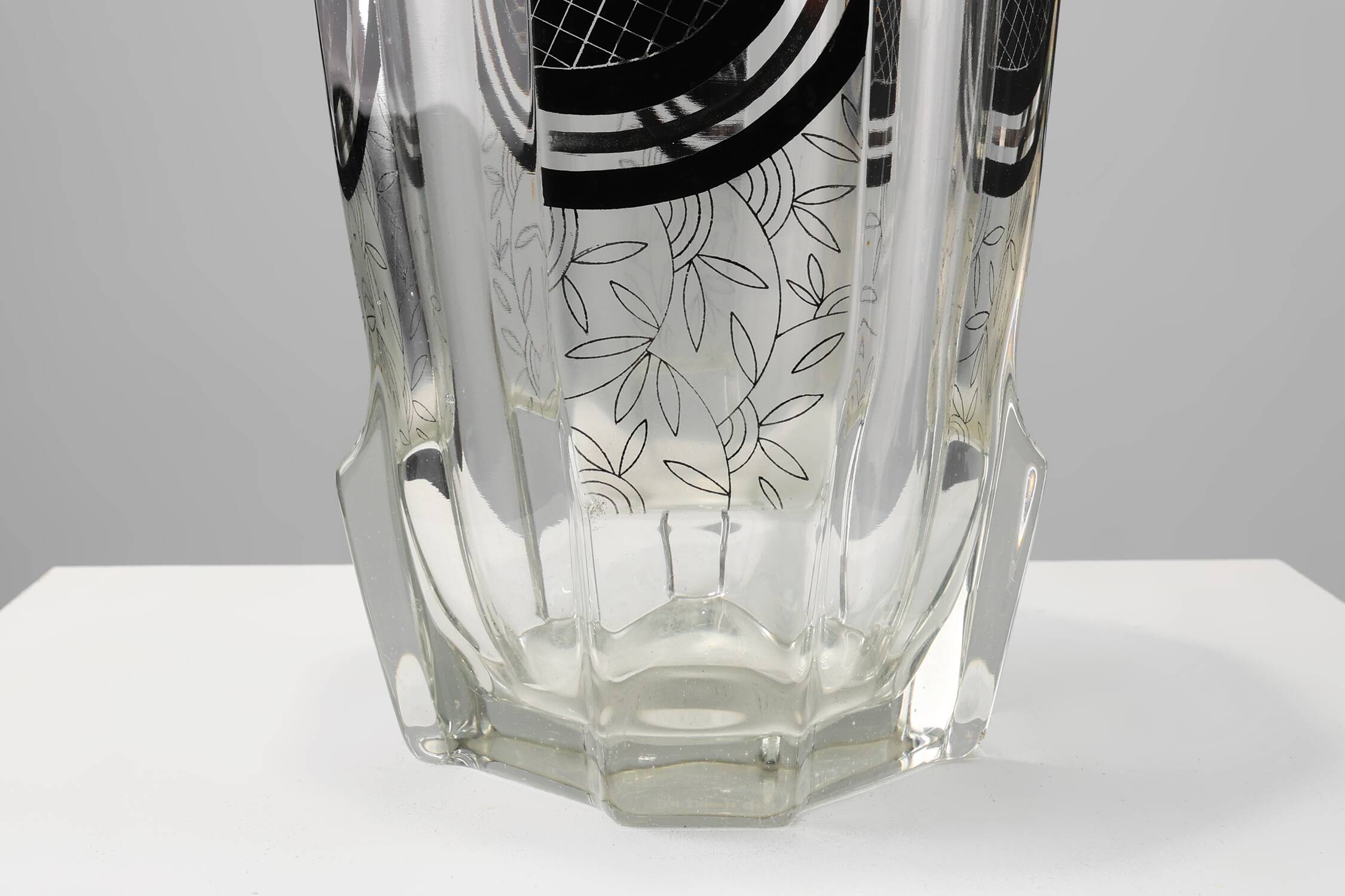 Art Deco Glass Vase with Black Graphic Decoration, France, circa 1940