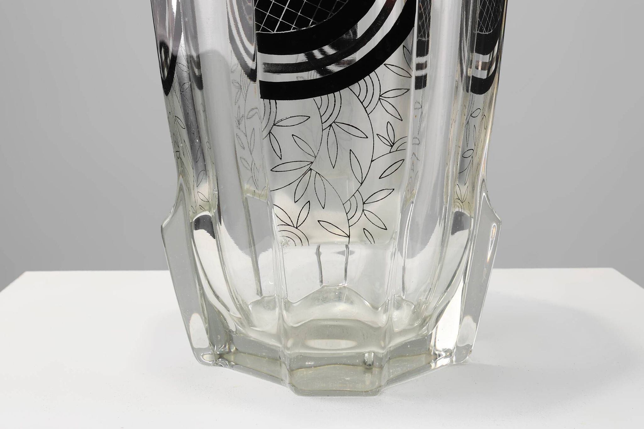 Art Deco Glass Vase with Black Graphic Decoration, France, circa 1940