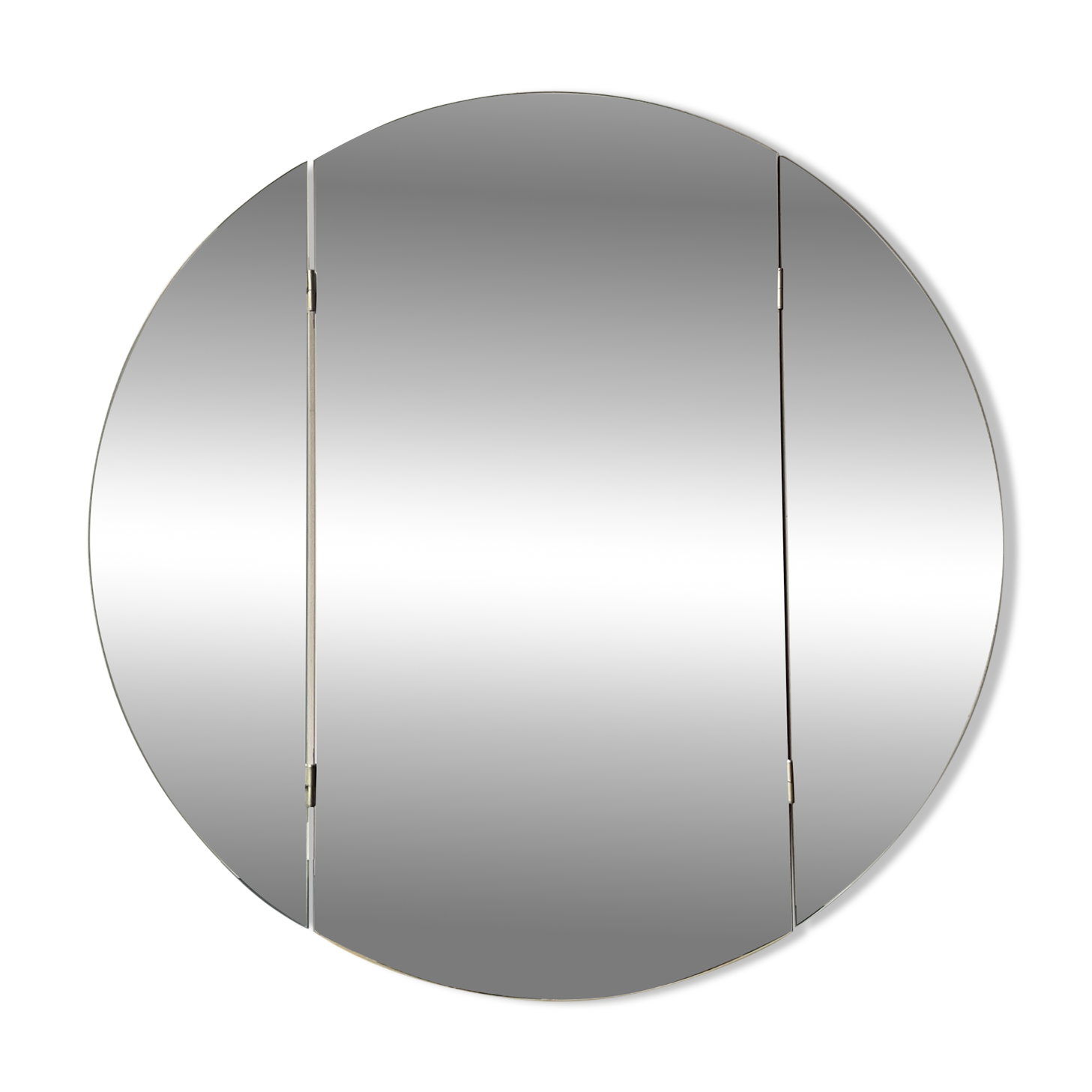 Large round triptych mirror with ivory background and back, 1970s design.