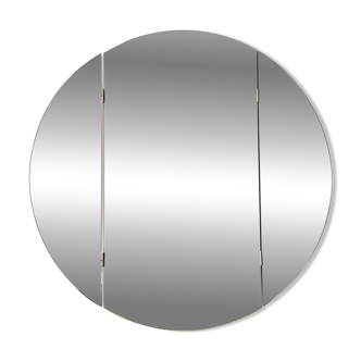 Large round triptych mirror with ivory background and back, 1970s design.