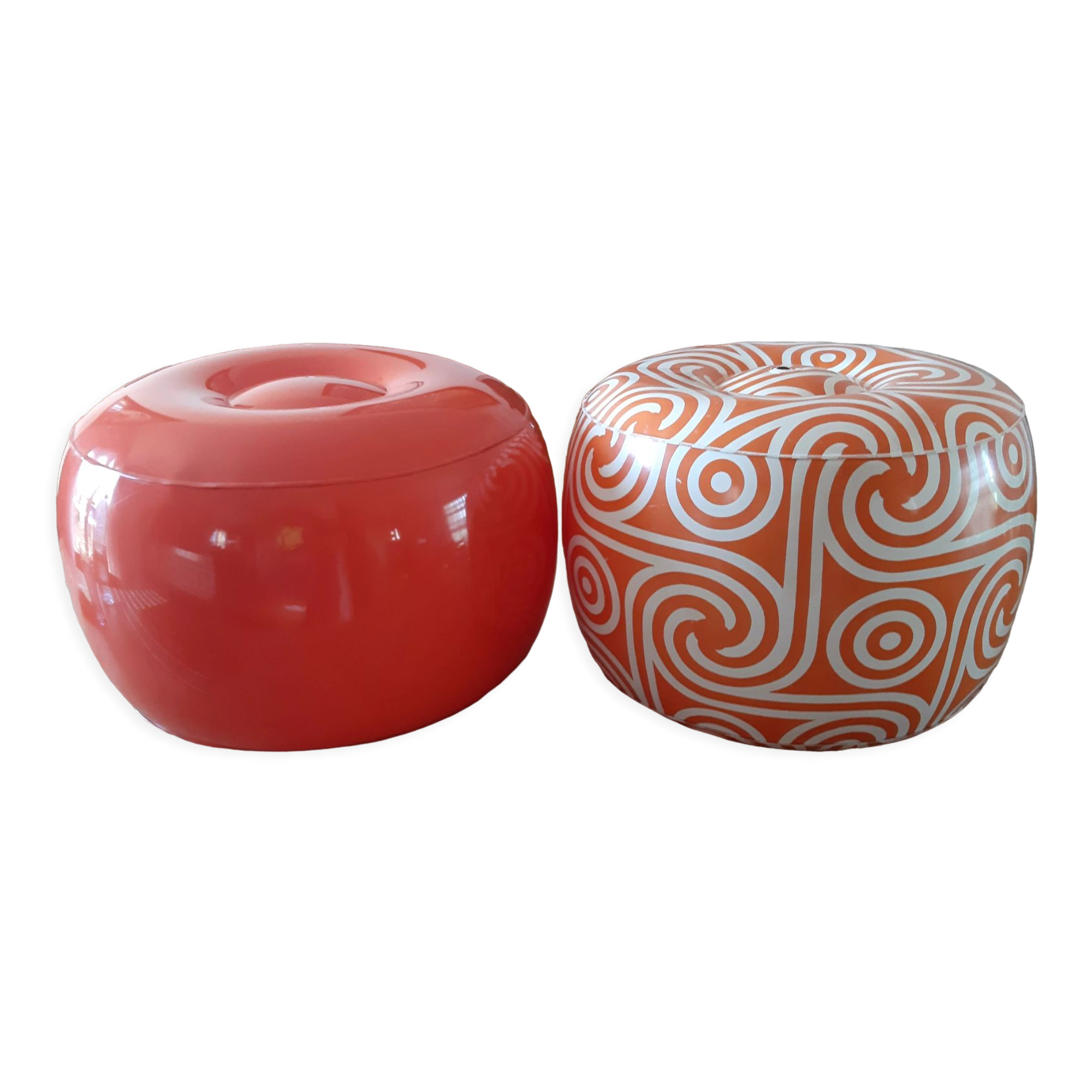 2 vintage inflatable poufs in orange plastic
