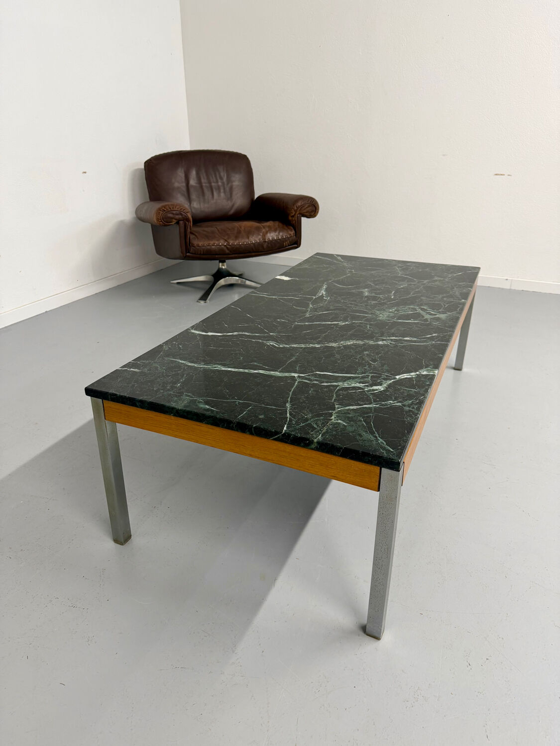 Vintage 1960s Italian design green marble and metal coffee table.