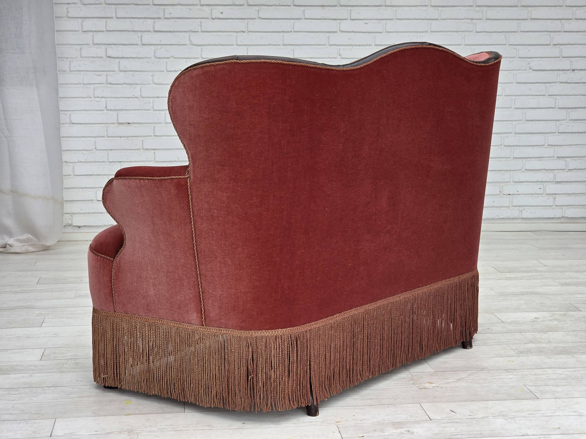 1950s, Danish 2-seater sofa, salmon pink furniture velour, ash wood.