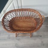 Old vintage rattan crib on wheels, missing a handle 60 by 40cm high 52cm for doll