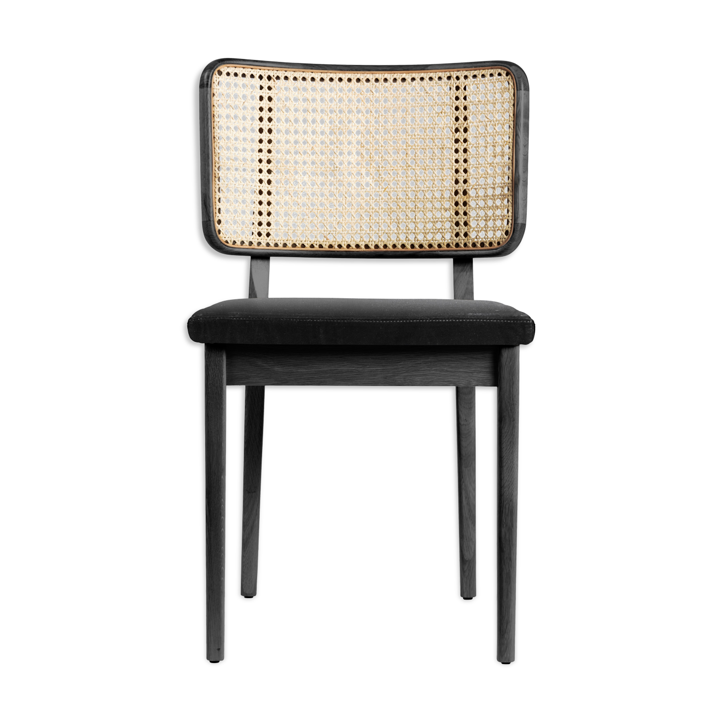 Chaise cannage bois noir velours gris chic
