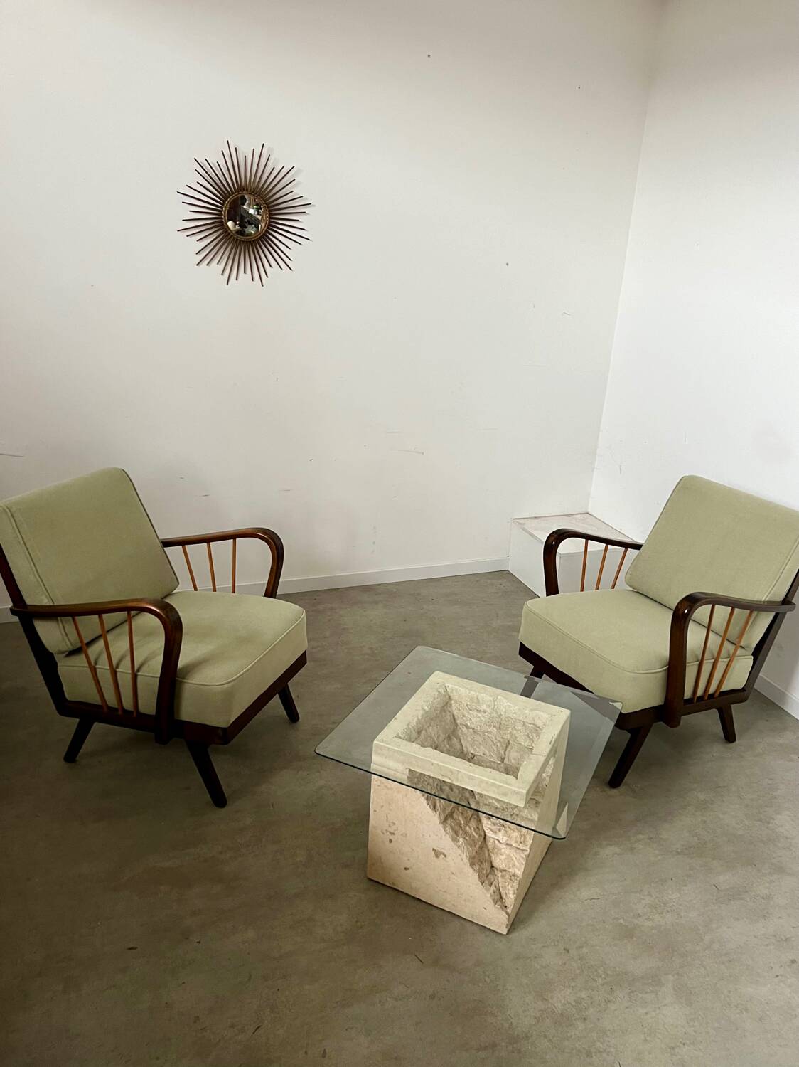 Set 2 old designer fireside chairs from the 50s wood and vintage fabric