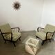 Set 2 old designer fireside chairs from the 50s wood and vintage fabric