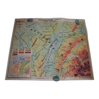 Carte scolaire de géographie Bourgogne Jura et Alpes années 1950/60 déco vintage