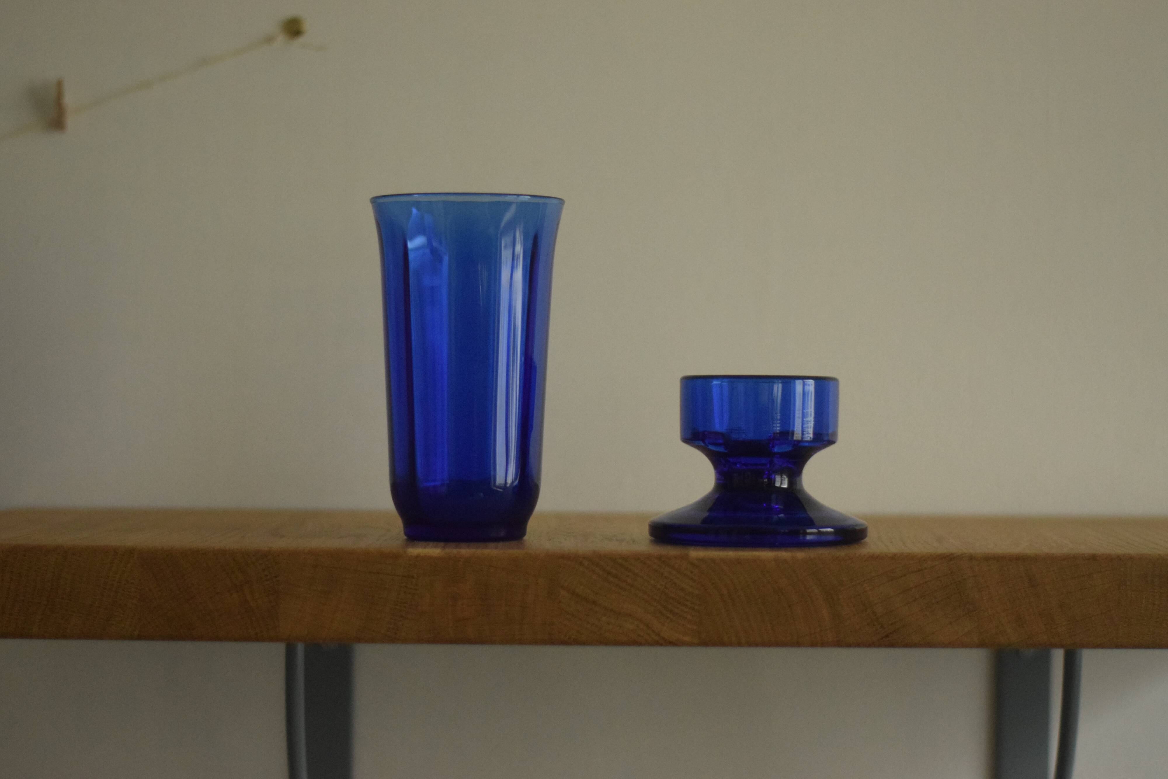 Blue glass candlestick and photophore set